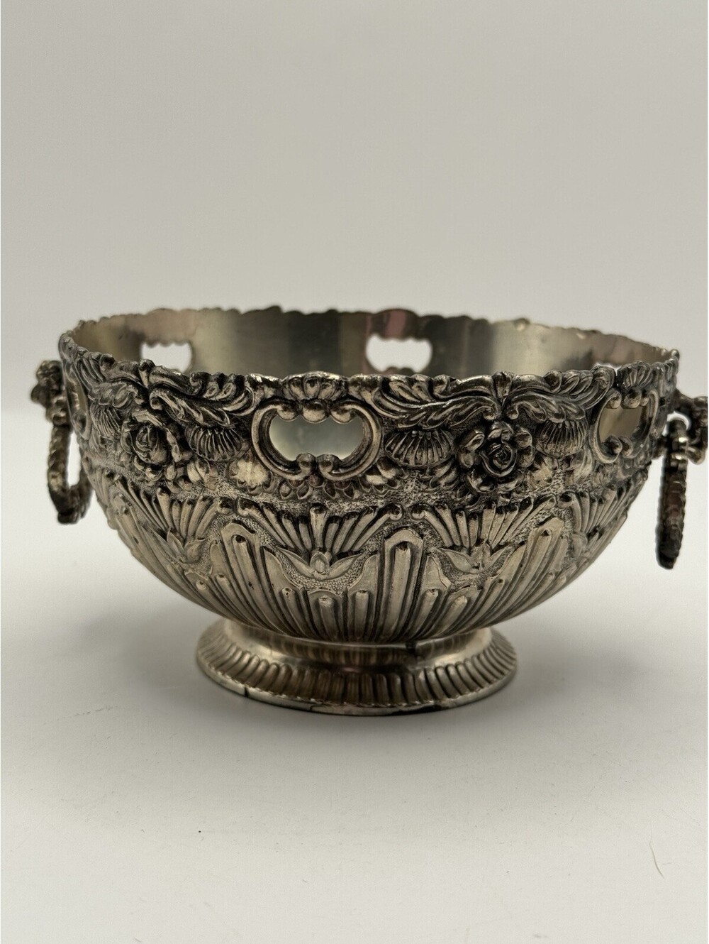 Vintage Raimond Silverplate Ornate Footed Serving Bowl Pierced Scalloped Rim
